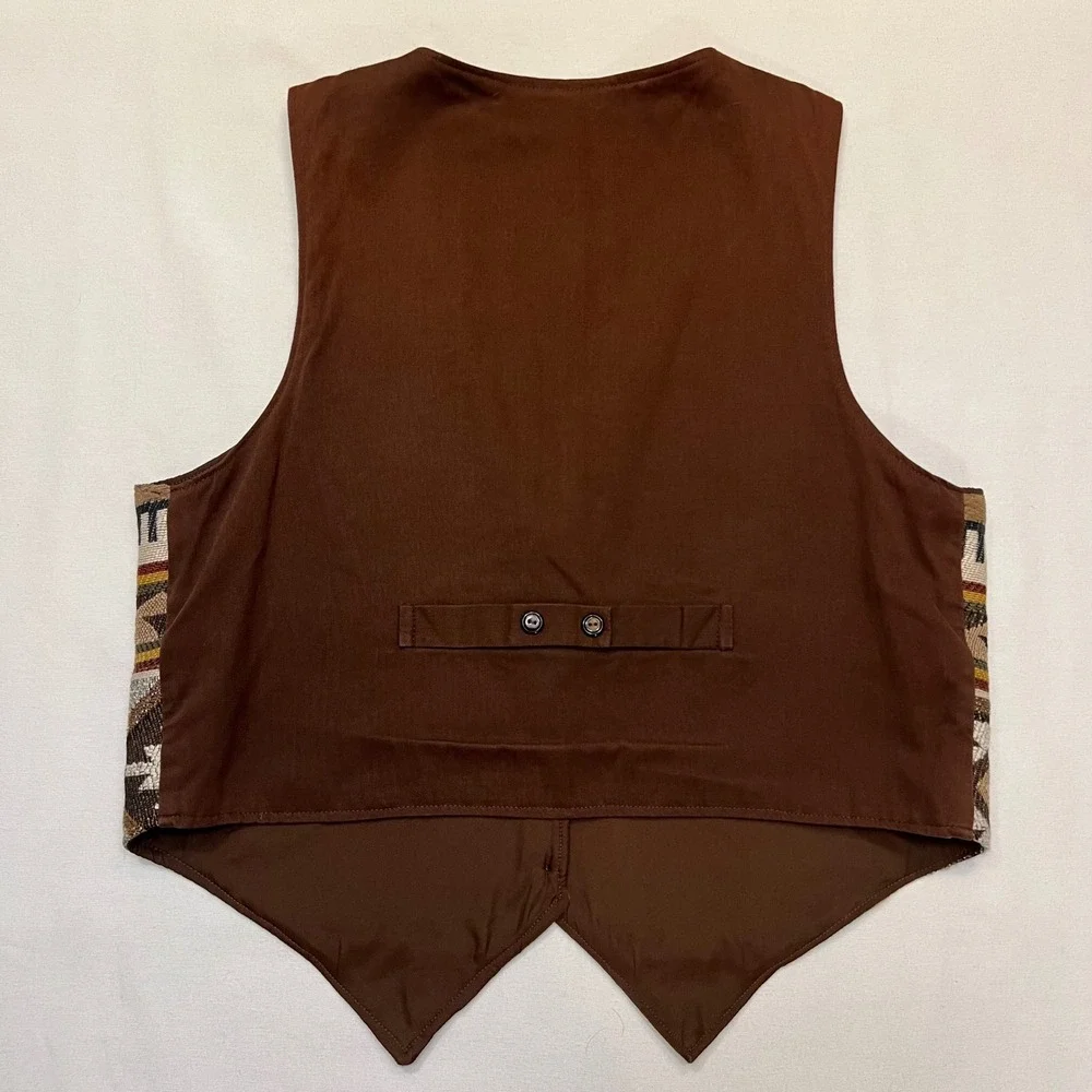 Southwestern Aztec Geometric Pattern Tapestry Vest Brown Button Front Size‎ XL